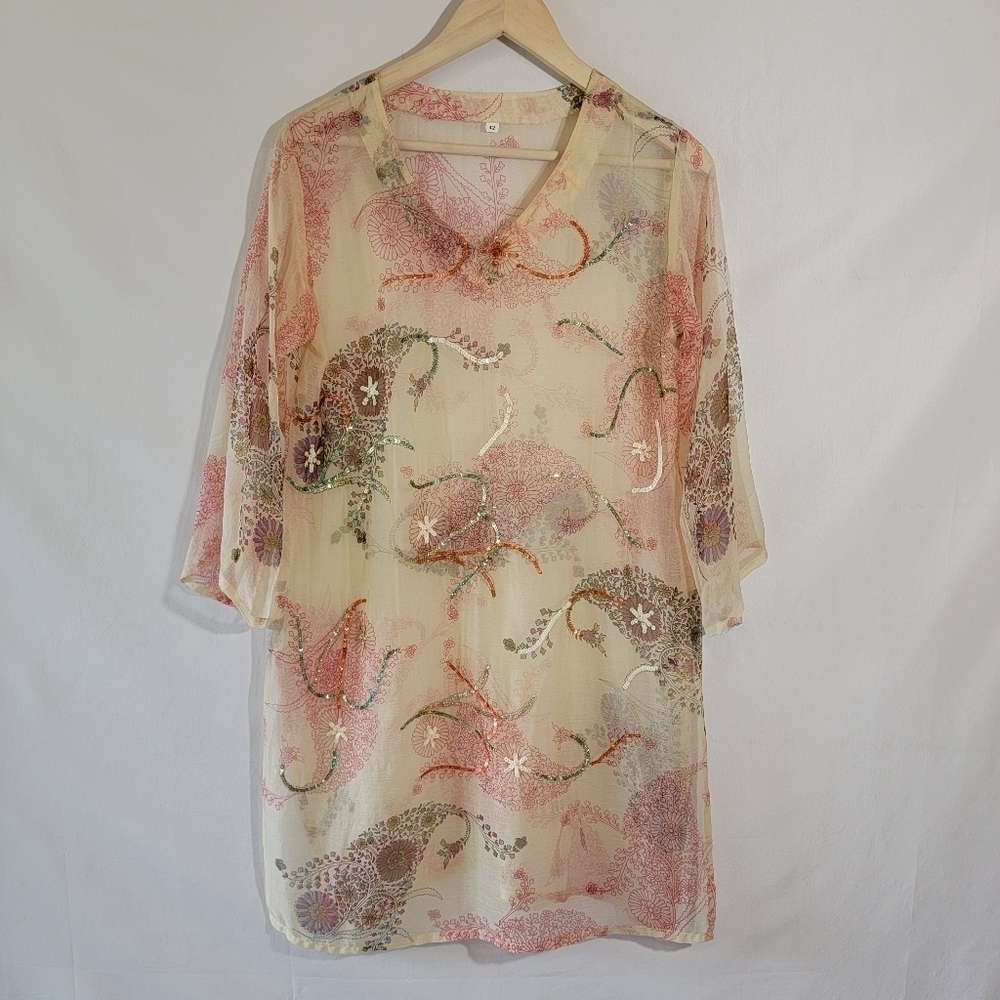 Beautiful Colorful Floral Beach Cover-Up Sz 42/M-L Silk Half Sleeve Sheer Beachy